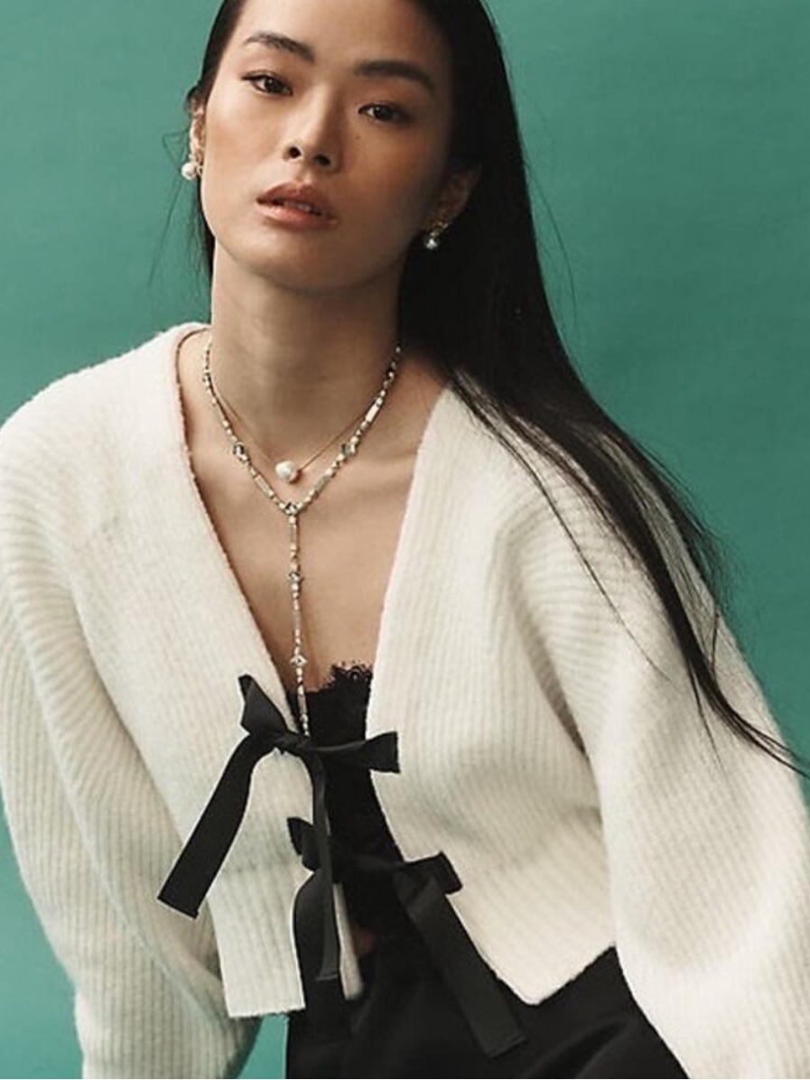 Anthropologie Rhea Bow-Front Crop Cardigan Sweater Cream Small